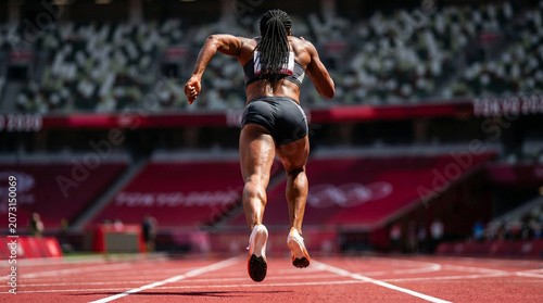 Back view of muscular athlete mid air while sprinting on red stadium track