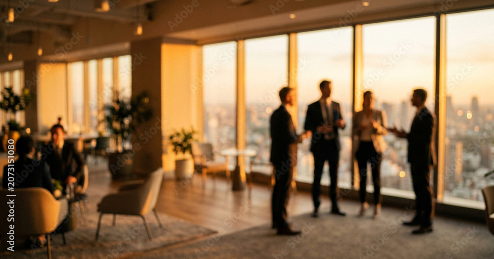 Fototapeta premium Blurred business professionals standing in conversation inside a modern office with panoramic city windows create an elegant corporate background with generous copy space for branding.