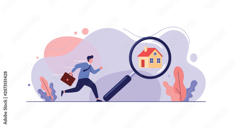 Obraz premium Eager businessman running towards a magnifying glass showing a small house representing a property search or goal.