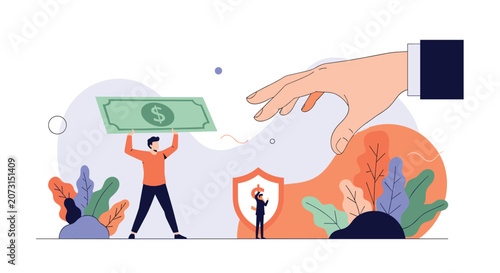 Small man holding up a large dollar bill while a giant hand reaches down to take it representing taxes or theft.