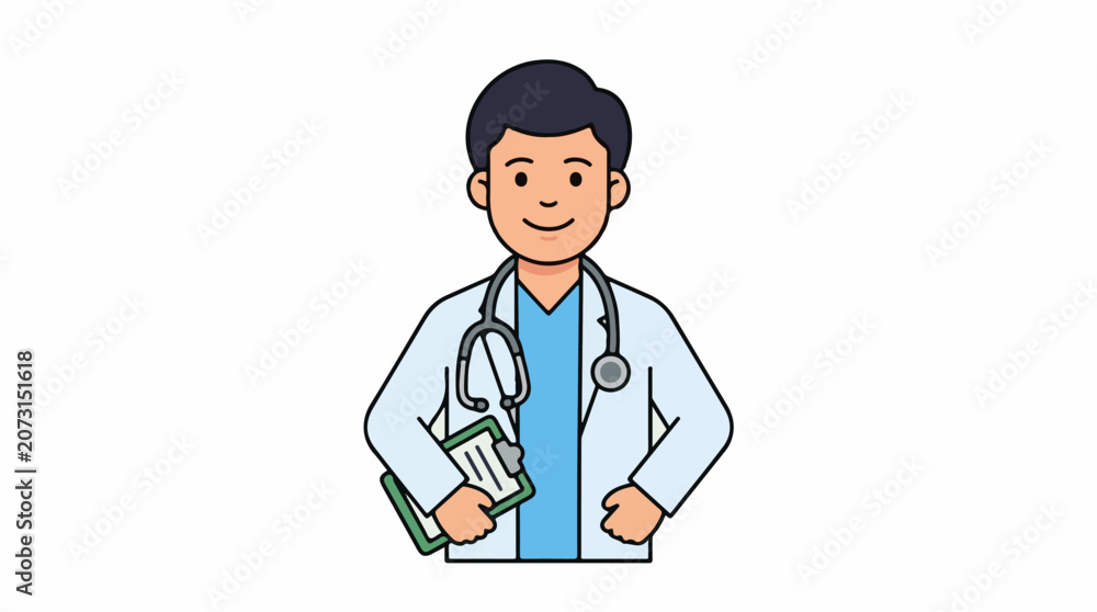 Fototapeta premium A smiling doctor with dark hair wearing a white coat and blue scrubs