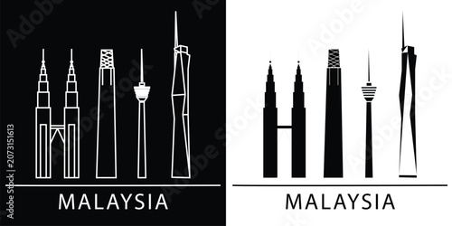 Malaysia Skyline Silhouette Featuring Iconic Kuala Lumpur Landmarks in Minimal Black and White Vector Illustration