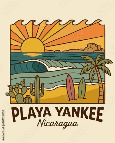 Photos Vintage travel poster illustration of Playa Yankee in Nicaragua featuring a sunset over rolling ocean waves with palm trees, cactus, and surfboards on a sandy tropical beach shore
