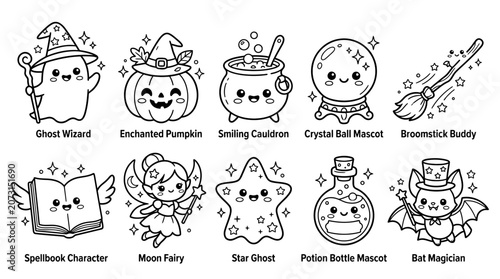 Photos Halloween cartoon characters and objects are depicted in a whimsical illustration style for coloring