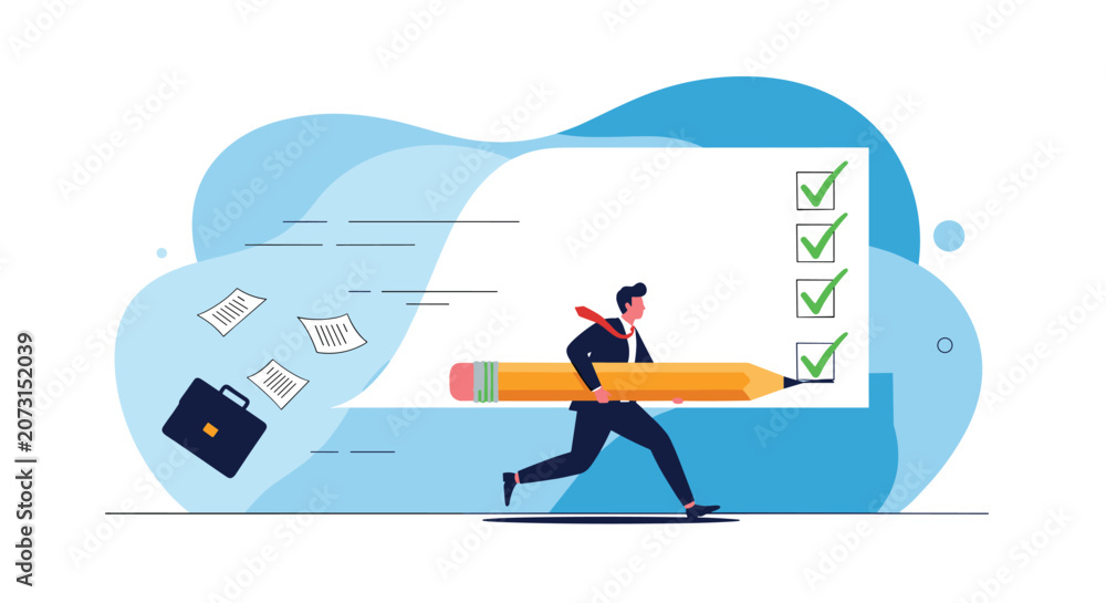 Obraz premium Efficient professional running while holding a giant pencil to mark off a checklist representing productivity and tasks.