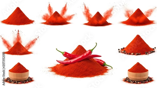 Fresh red chili peppers and chili powder isolated on white background, ideal for food, spice, cooking, culinary, and restaurant-related designs.