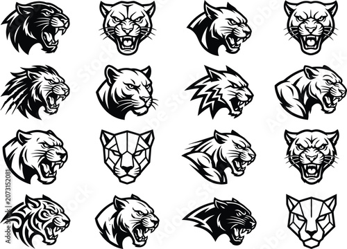 Collection of various fierce animal head logos and icons in black and white