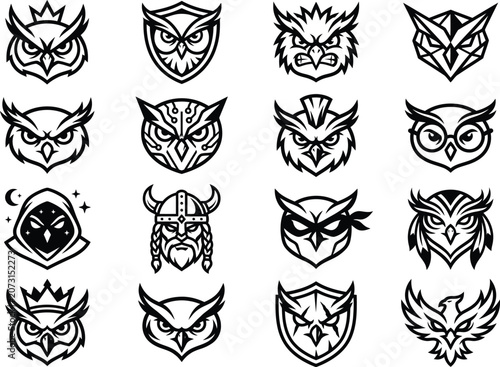 Collection of various owl head logos and icons in black and white