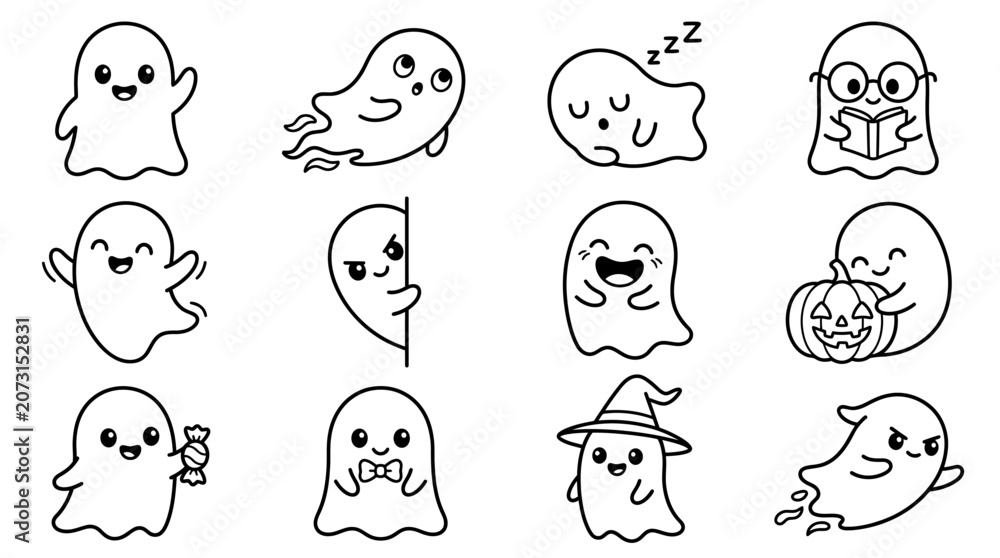 Obraz premium Various smiling ghost illustrations in different poses and expressions on white background for Halloween.