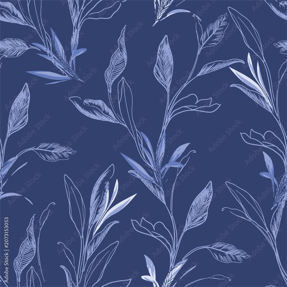 Fototapeta premium Delicate blue botanical line drawings on navy background seamless pattern concept