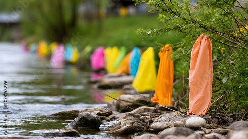A close up view of people using colorful reusable bags during a conscientious river cleanup fostering a sense of harmony in the natural environment