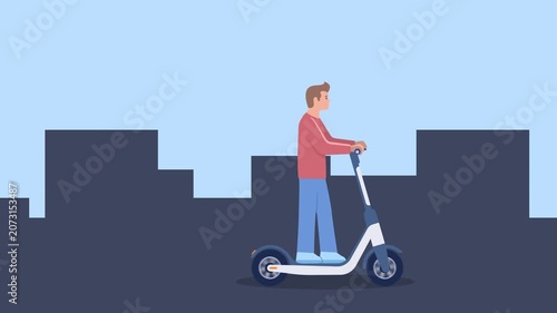 Seamless loopable 4K animation of a young man riding an electric scooter. Flat vector illustration style motion graphic for modern urban transportation, eco-friendly lifestyle, and smart city concepts
