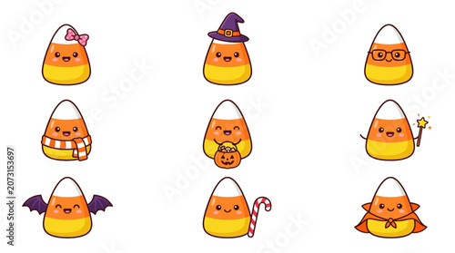 Adorable candy corn characters dressed in Halloween costumes and accessories on white background.