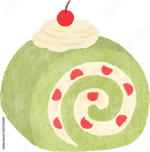 matcha roll cake watercolor cream cheese strawberry food illustration