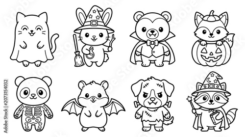 A group of adorable cartoon animals dressed in Halloween costumes are illustrated.