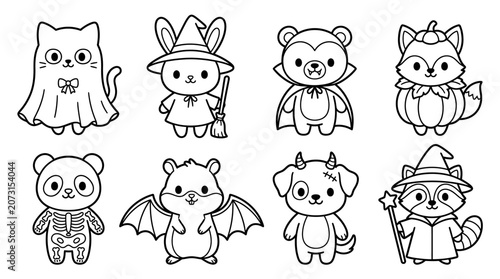 Cute cartoon animals wear Halloween costumes in illustrations for kids coloring book pages.