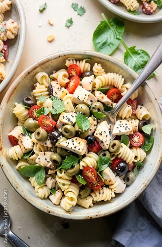 Vibrant Chicken Pasta Salad Bowl with Olives, Tomatoes, and Fresh Herbs, Top View