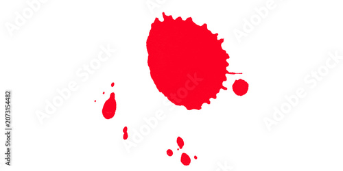 Foto Red paint splatter isolated on transparent background with various sized droplet