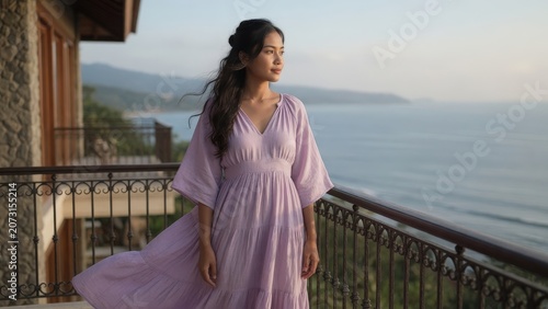 Young Asian Woman in Flowing Purple Tiered Dress Standing on Tropical Villa Balcony at Golden Hour