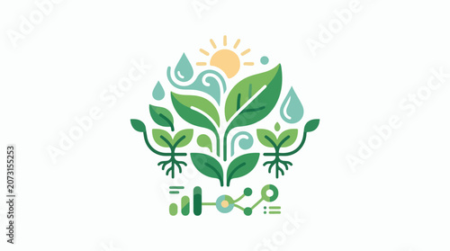 A stylized illustration of a plant with leaves and roots surrounded by water droplets and a sun