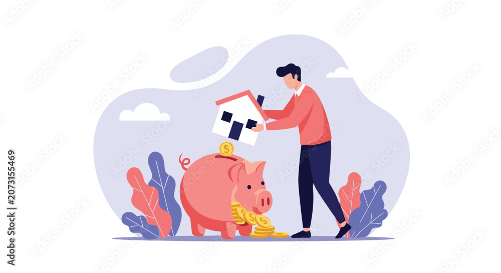 Fototapeta premium Man putting a house into a piggy bank with coins spilling out representing home savings and long term real estate investment.