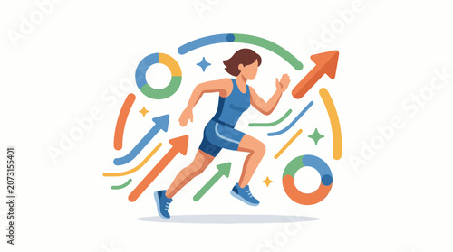 A woman in blue sportswear runs surrounded by colorful arrows and graphs