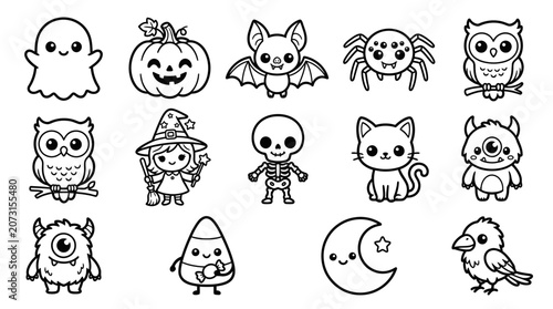 Halloween characters and icons are illustrated in black and white for coloring.
