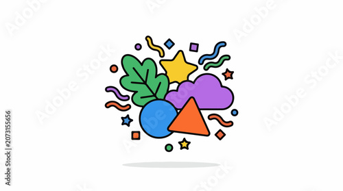 Colorful abstract composition with shapes and symbols