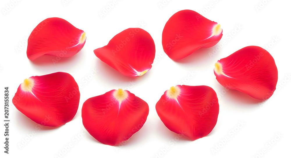 Fototapeta premium Red rose petals scattered on white background isolated.