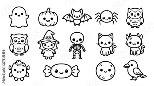 A group of cute cartoon Halloween characters and animals are illustrated in black lines on a white background.
