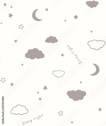 Whimsical night sky pattern with moons stars and clouds in soft pastel tones for nursery decor