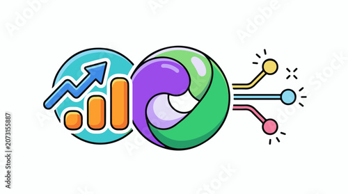 Colorful graphic illustration with a bar chart arrow and circuit-like elements