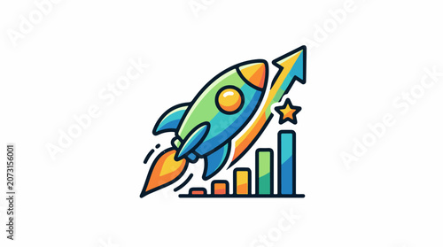 Colorful rocket ship blasting off with bar graph and star
