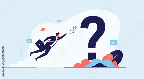 Determined businessman flies through the air towards a giant question mark to symbolize the process of investigating risks and seeking answers.