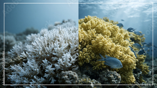 Before and after split-image concept of a dead bleached coral reef beside the same reef fully restored and colorful with fish, clean white minimalist studio border dividing the