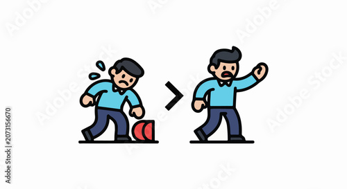 A man slipping on an object and then regaining balance