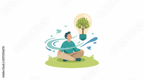 A man sits cross-legged on a green patch eyes closed surrounded by swirling lines and birds with a lightbulb containi