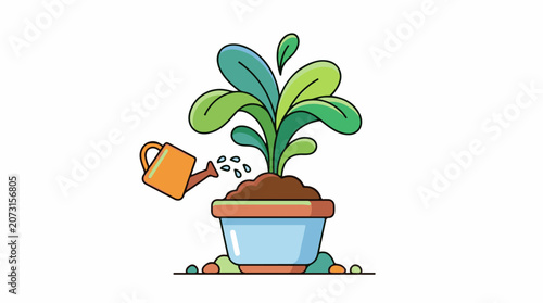 A plant with large green leaves in a blue pot being watered