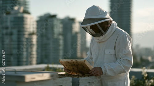 Rooftop beekeeper in a white suit tending wooden hive boxes against a skyline of apartment buildings on a hazy summer morning, honeycomb frame held aloft, perfect for urban
