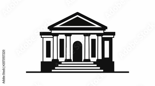 A simple black and white illustration of a building with a triangular roof