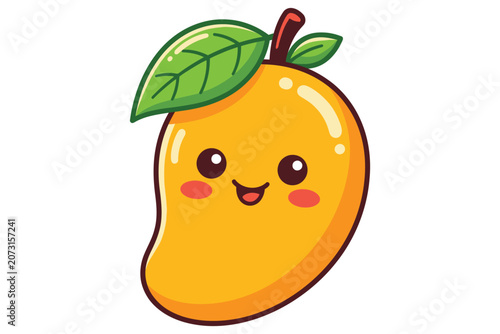 Cute cartoon mango fruit with smiling face and green leaf