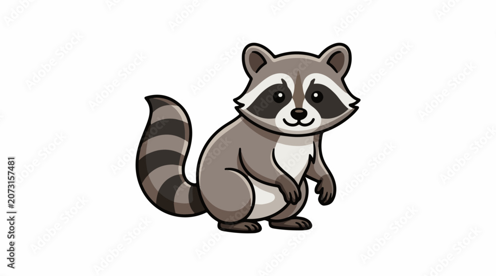 Fototapeta premium A cartoon raccoon with a bushy striped tail and distinctive facial markings stands on its hind legs