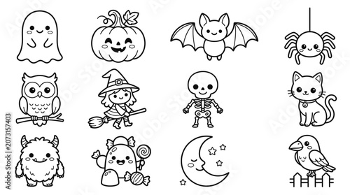 Halloween characters and animals illustrated in black and white on a white background together.