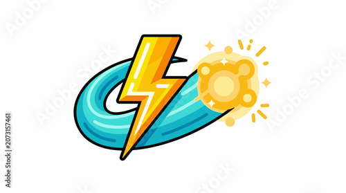 A stylized illustration of a bright yellow lightning bolt intersecting a swirling blue circle with a radiant yellow sun