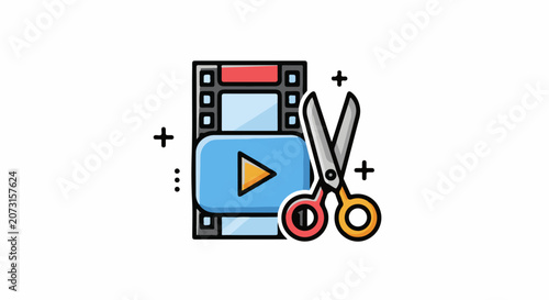 A video editing icon with a film strip play button and scissors
