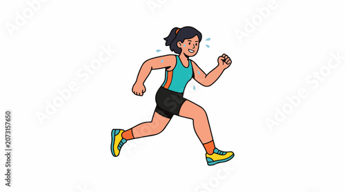 A woman in athletic wear runs with a smile