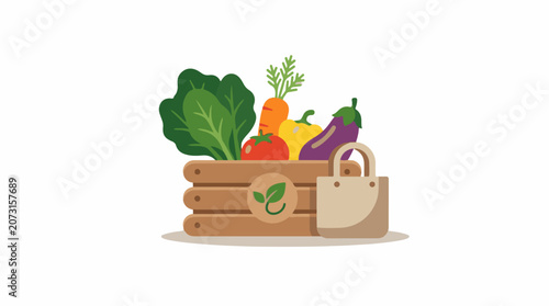 A wooden crate overflowing with colorful vegetables and a reusable bag