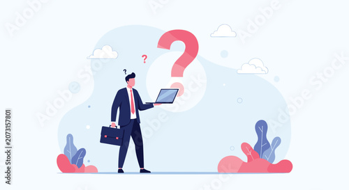 Confused businessman holding a laptop while standing before a large question mark and reflecting on solutions.