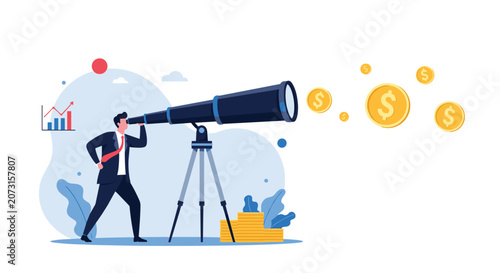 Visionary businessman observing future financial profits through a telescope with gold coins floating in the sky.