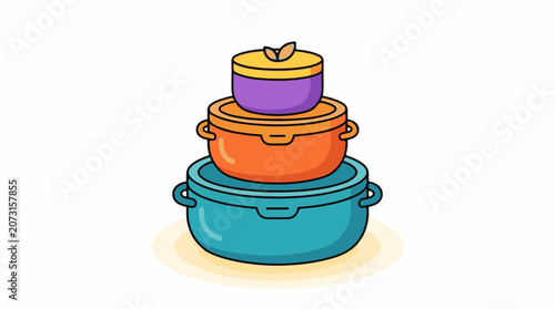 Colorful stacked pots with lids kitchen cookware